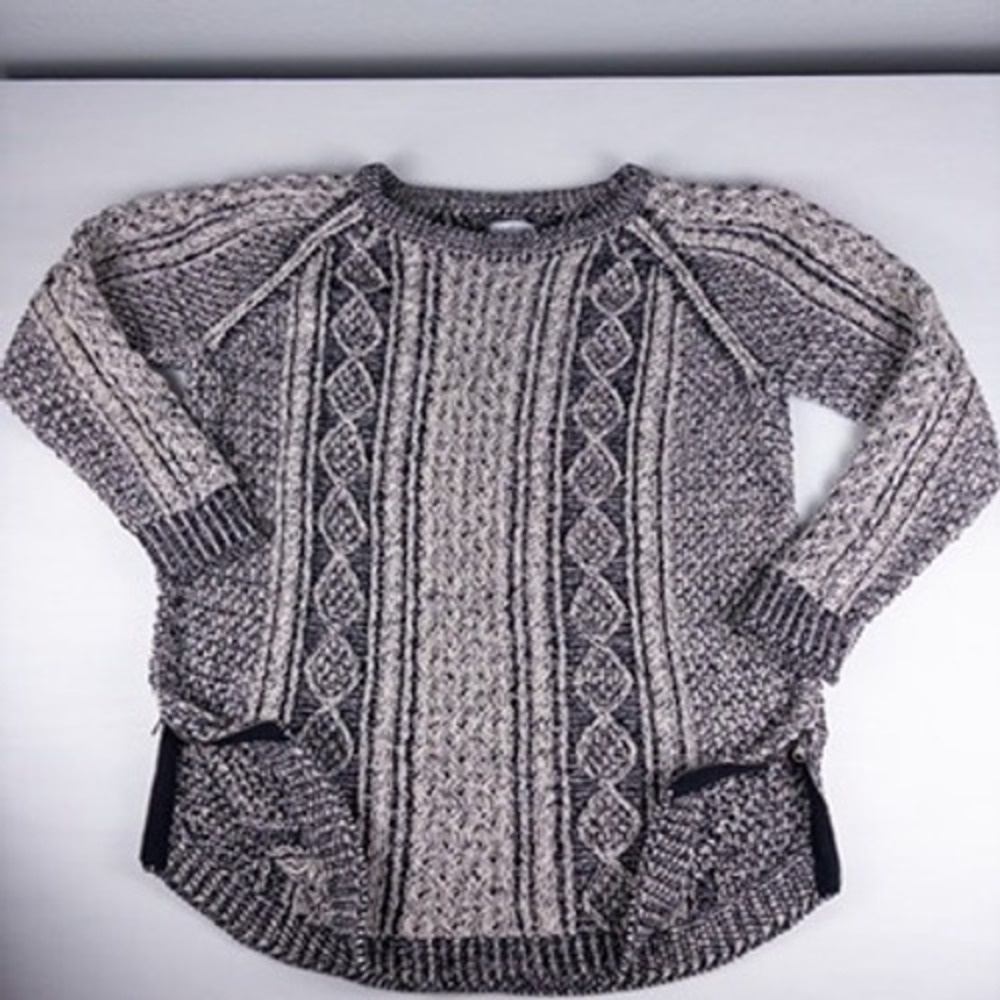 LL Bean Signature Fisherman Sweater Women Large Black White Cable Knit Tunic Zip